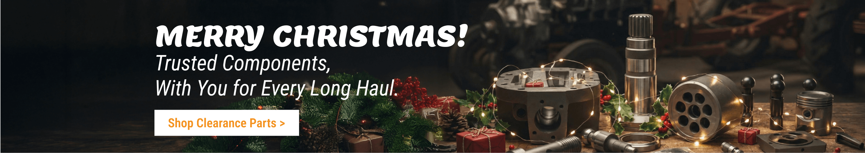 Merry Christmas banner for heavy-duty truck parts and industrial components with holiday decorations and shop clearance sale button.