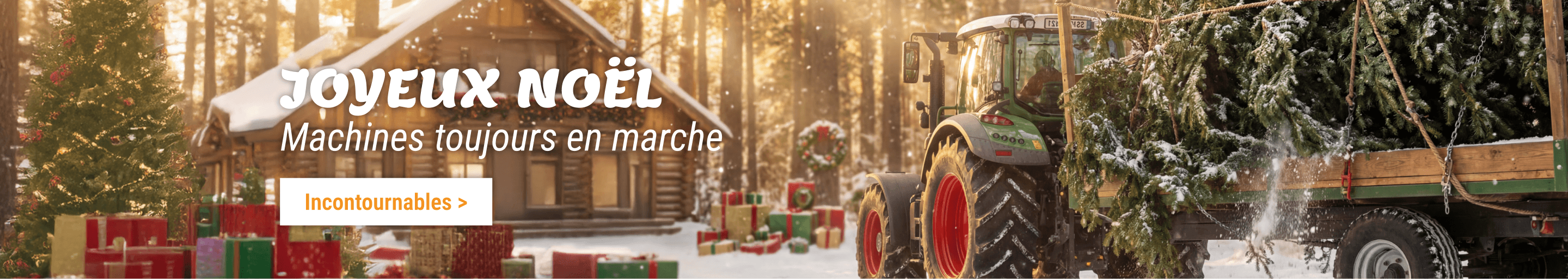 Bannière de Joyeux Noël pour pièces de camions et composants industriels avec décorations de fêtes et bouton de déstockage.