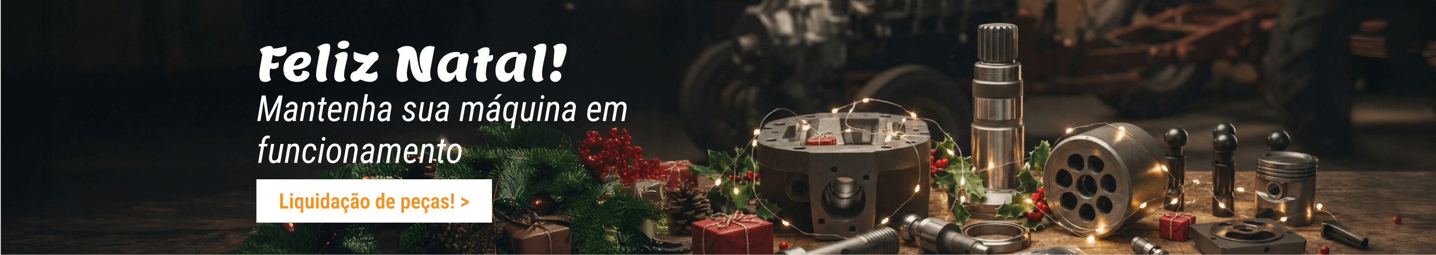 Banner de Feliz Natal para peças de caminhão e componentes industriais com decoração natalina e botão de liquidação de peças.