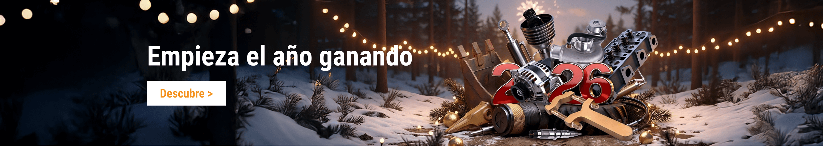Rebajas de Año Nuevo 2026 en FridayParts: repuestos para maquinaria pesada, excavadoras y motores con temática invernal.