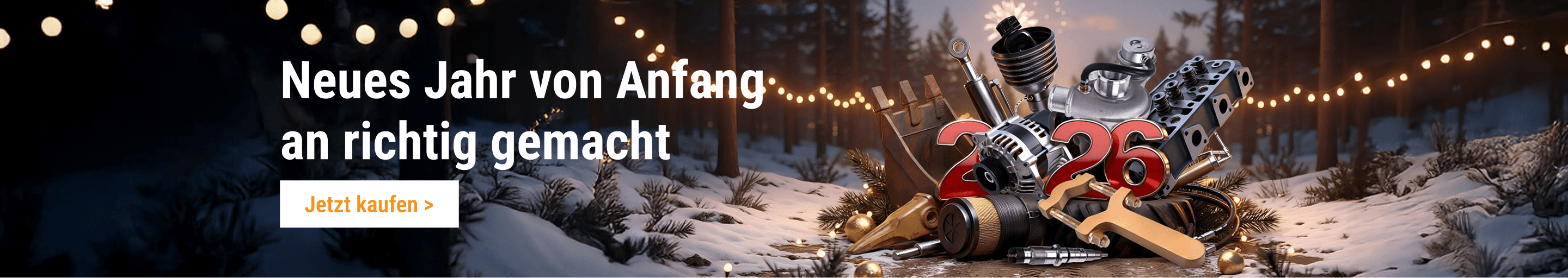 FridayParts Neujahrsangebot 2026 für Baumaschinen-Ersatzteile, Baggerteile und Motorkomponenten im winterlichen Design.