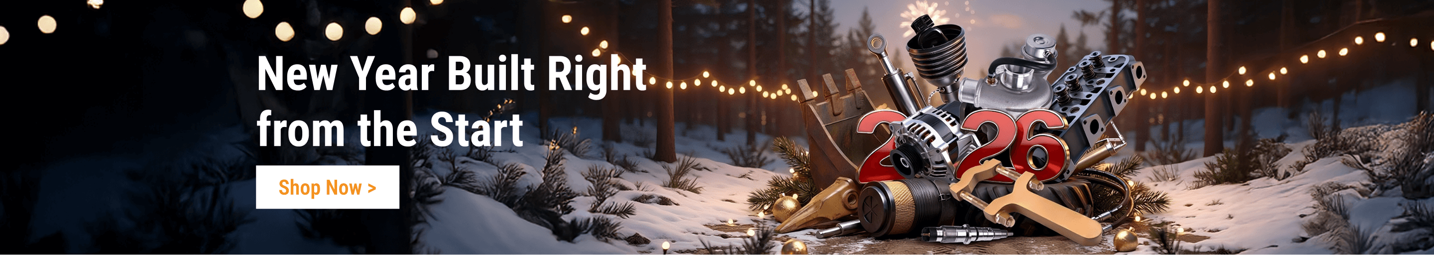 FridayParts 2026 New Year Sale for heavy equipment parts and excavator components, featuring engine parts and turbochargers in a winter setting.