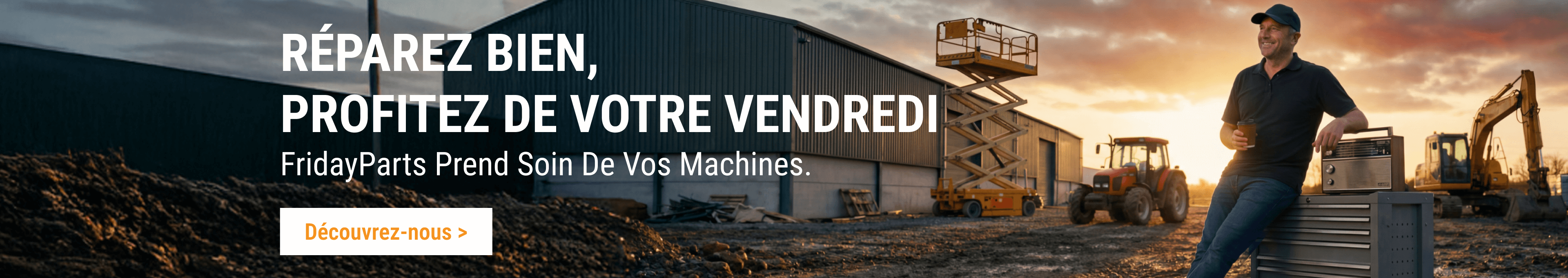 Pièces détachées FridayParts pour engins agricoles et de chantier. Homme détendu au coucher du soleil avec un tracteur, fin des arrêts machine.