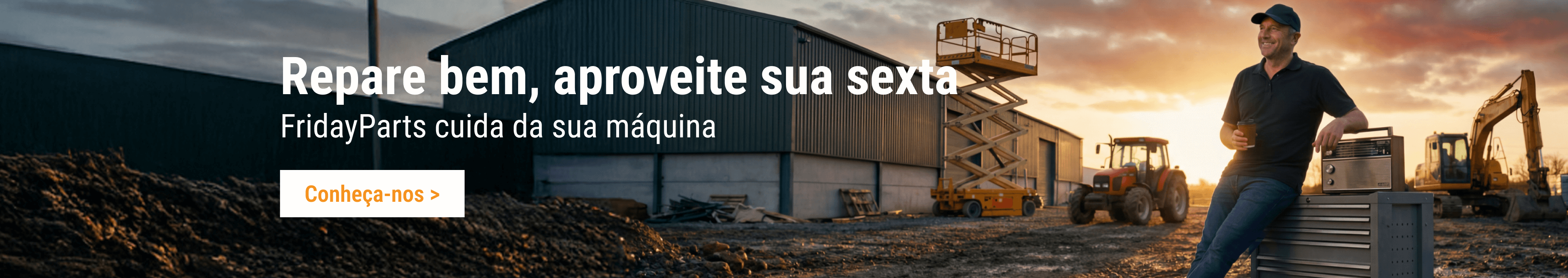 Peças de reposição FridayParts para máquinas agrícolas e pesadas. Homem relaxado ao pôr do sol com trator, fim do tempo de inatividade.