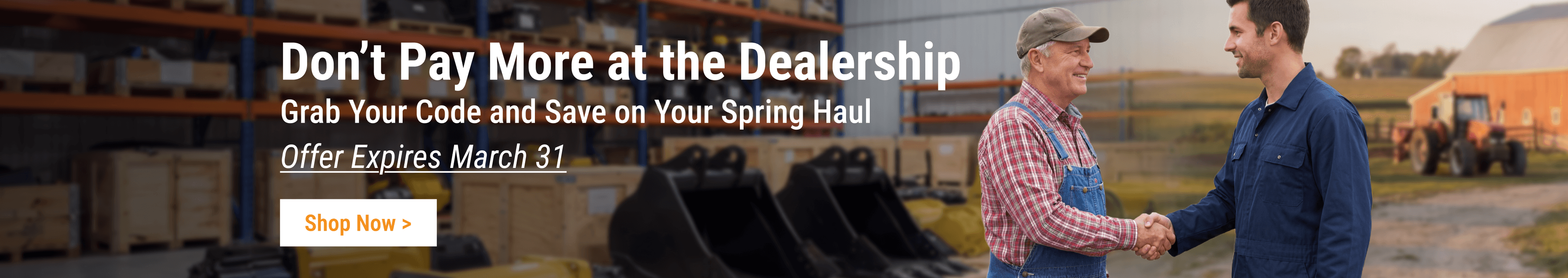 Two farmers shaking hands in front of a tractor and warehouse, promoting spring haul construction parts savings at FridayParts.