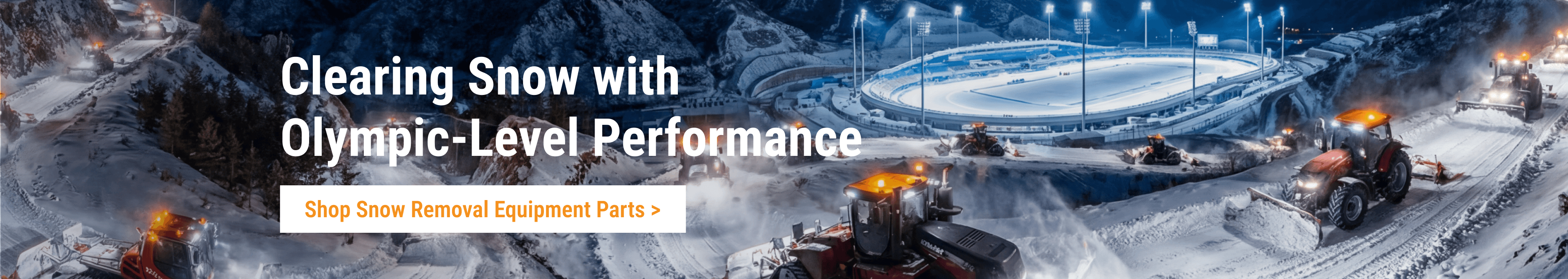 Heavy-duty tractors and snow plows clearing snow at night with Olympic-level performance. Shop high-quality snow removal equipment parts and heavy machinery spares at FridayParts.