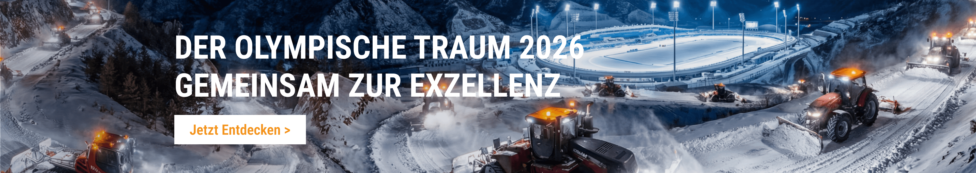 Schwere Schneeräumgeräte im nächtlichen Einsatz an einem Stadion. Jetzt hochwertige Ersatzteile für Schneeräumgeräte und Winterdienstmaschinen online bei FridayParts kaufen.