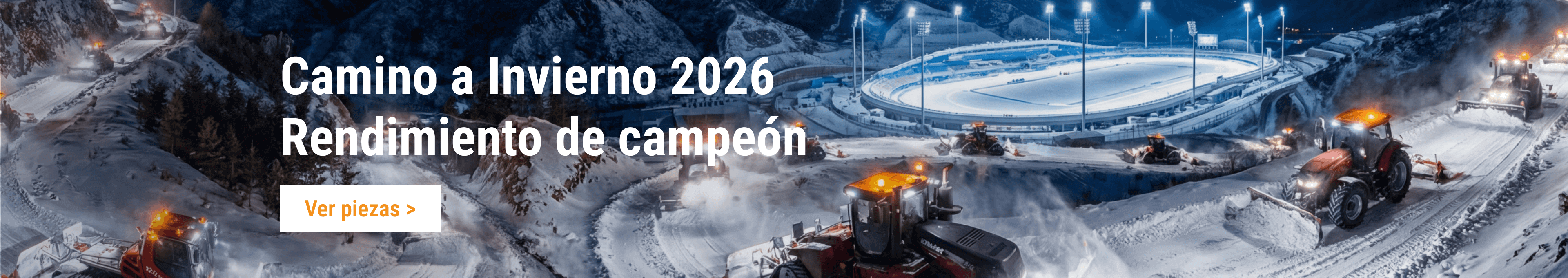 Maquinaria pesada y quitanieves trabajando de noche en un estadio. Compre repuestos para equipos de remoción de nieve de alto rendimiento y piezas para tractores en FridayParts.