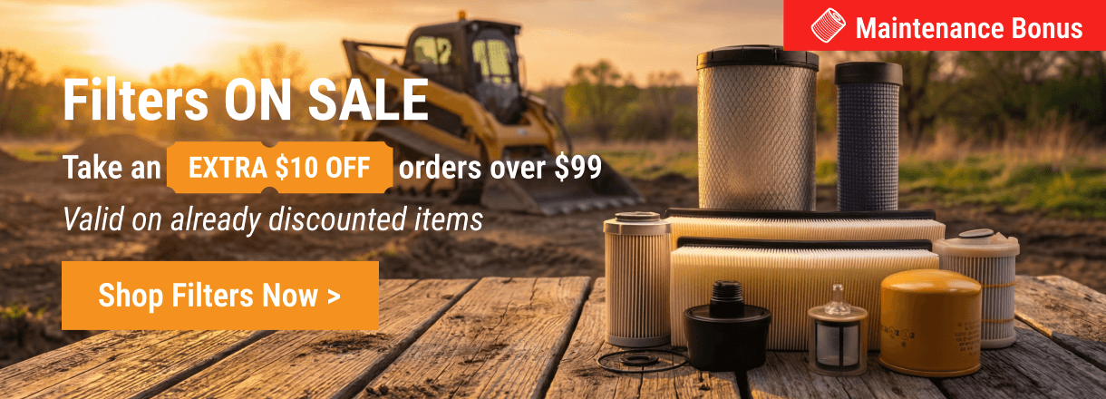 Fridayparts Maintenance Bonus: Various filters for heavy machinery including air and oil filters on sale, featuring a skid steer loader in the background.