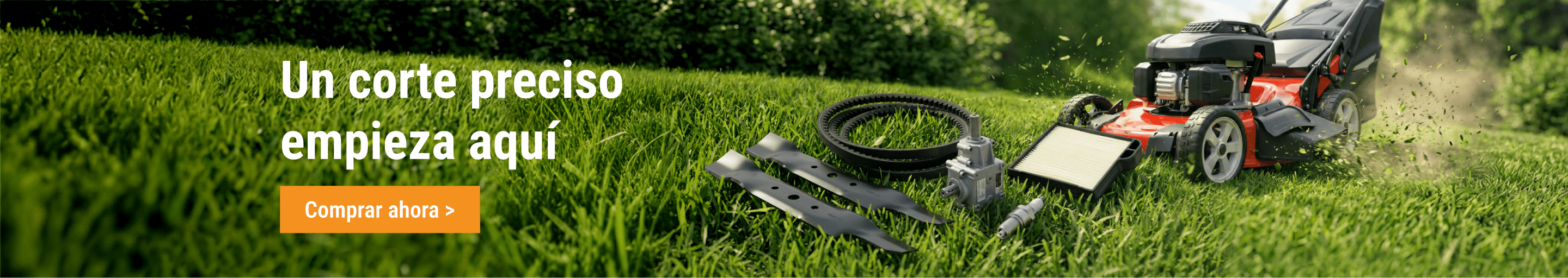 Repuestos para cortacésped FridayParts: cuchillas, correas y filtros sobre el césped.