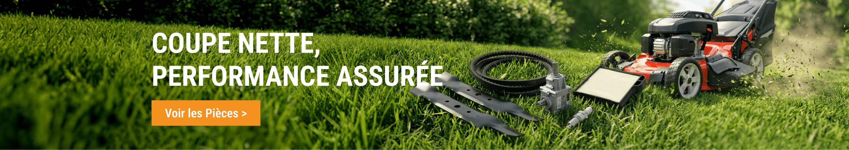 Pièces de rechange pour tondeuse FridayParts : lames, courroies et filtres sur la pelouse.