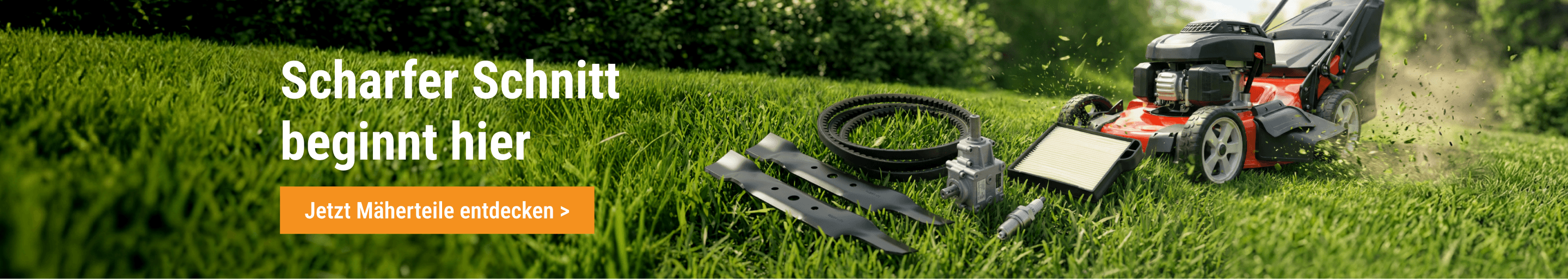 FridayParts Rasenmäher-Ersatzteile: Messer, Riemen und Filter auf dem Rasen.