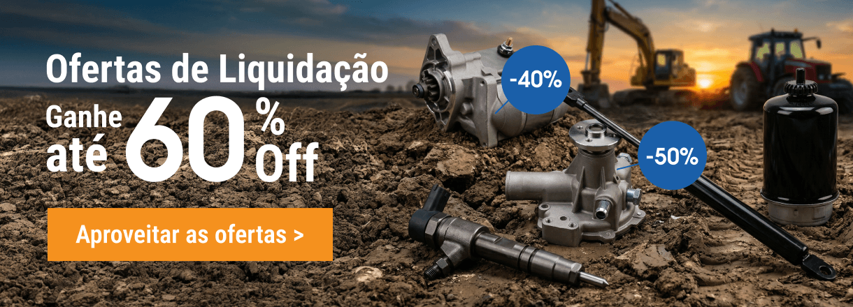 Tratores em um campo verde com peças de maquinário pesado, como um motor de partida confiável, filtro de óleo e bomba, saindo de ovos de Páscoa, com um botão de "Comprar".