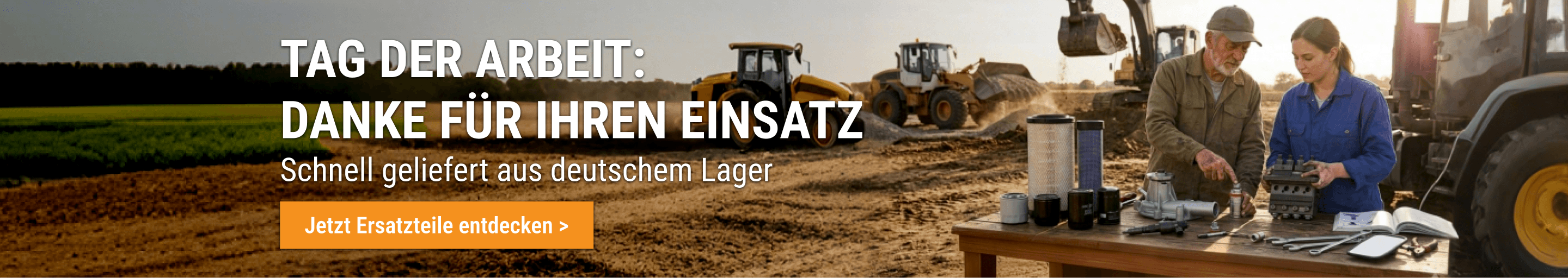 Zwei Mechaniker prüfen Baumaschinen-Ersatzteile auf dem Feld – FridayParts Tag der Arbeit Angebot mit schnellem Versand aus deutschem Lager.