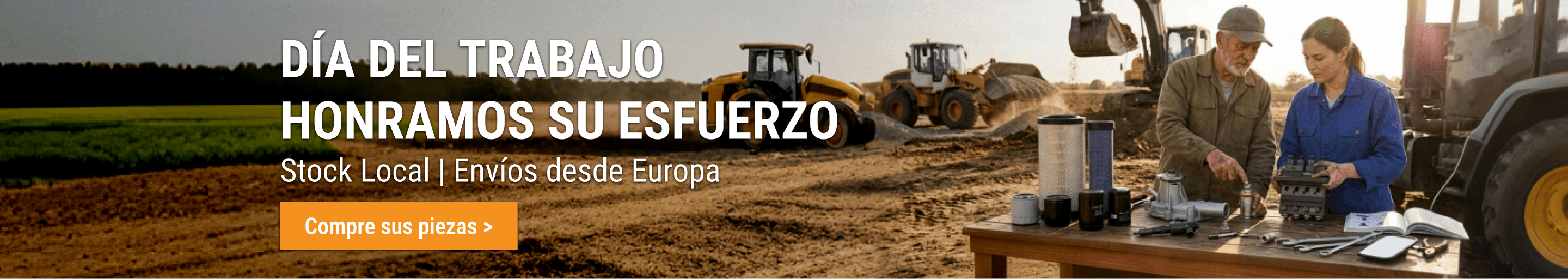 Dos mecánicos revisando repuestos de maquinaria pesada – Oferta del Día del Trabajo de FridayParts con stock local y envío desde Europa.