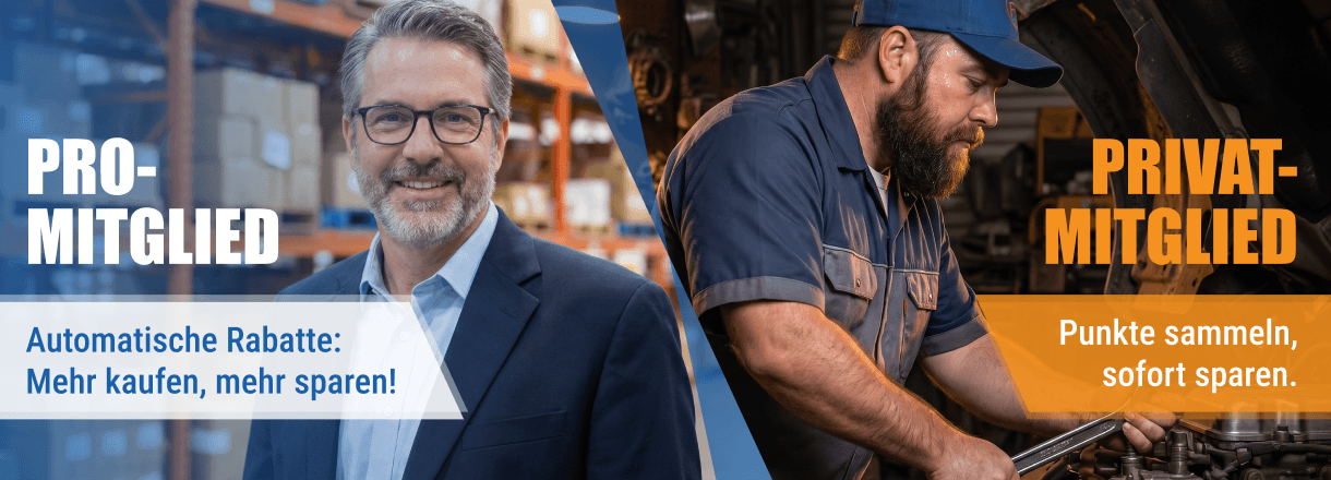 Ein Manager und ein Mechaniker präsentieren den FridayParts Mitgliedsclub: PRO- und Privat-Mitgliedschaft für Baumaschinen-Teile.