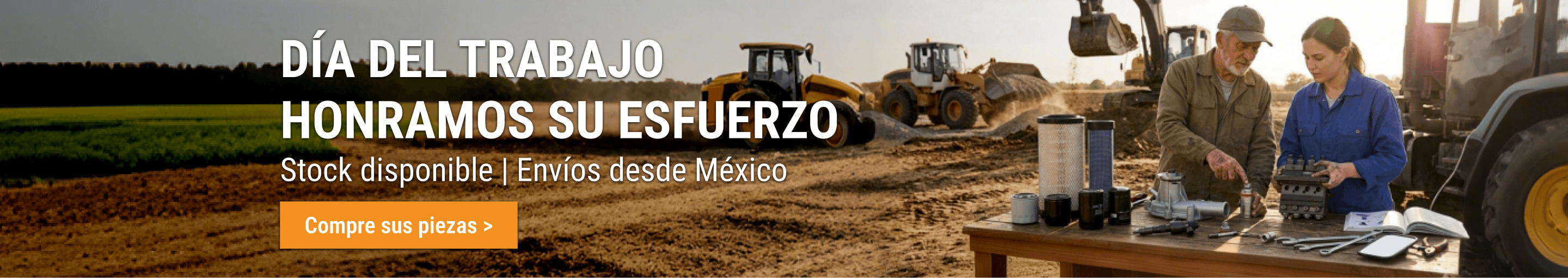 Dos mecánicos revisando repuestos de maquinaria pesada – Oferta del Día del Trabajo de FridayParts con stock local y envío desde México