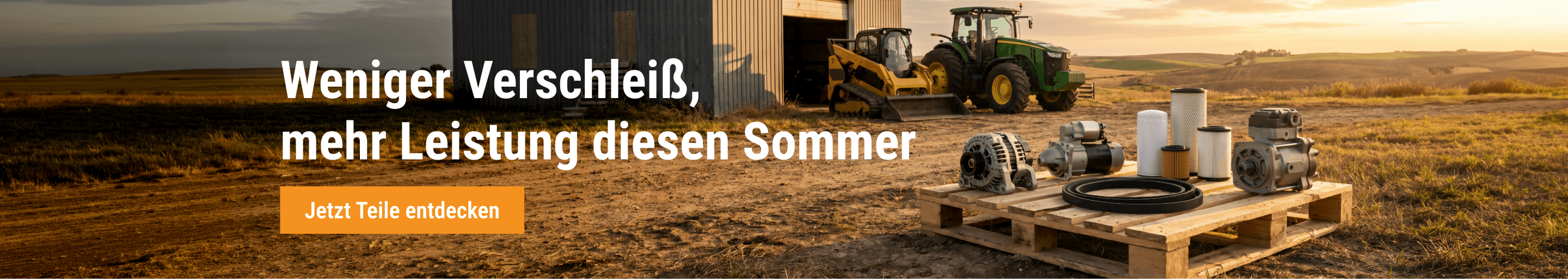FridayParts Ersatzteile auf Palette vor Traktor und Lader im Sommer.