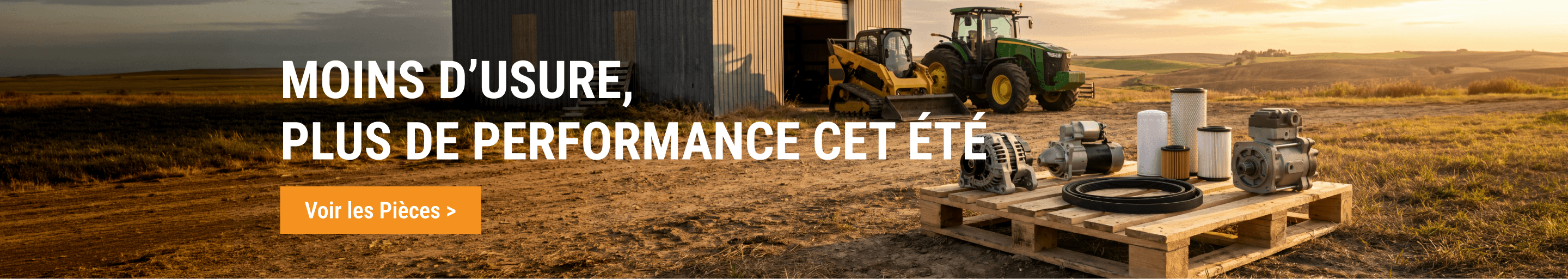 Pièces FridayParts sur palette devant un tracteur et chargeur en été.