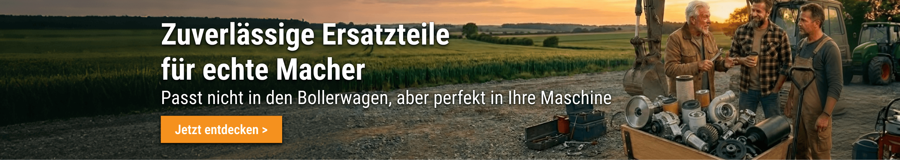 Arbeiter mit FridayParts Ersatzteilen im Bollerwagen neben schweren Maschinen auf dem Feld.