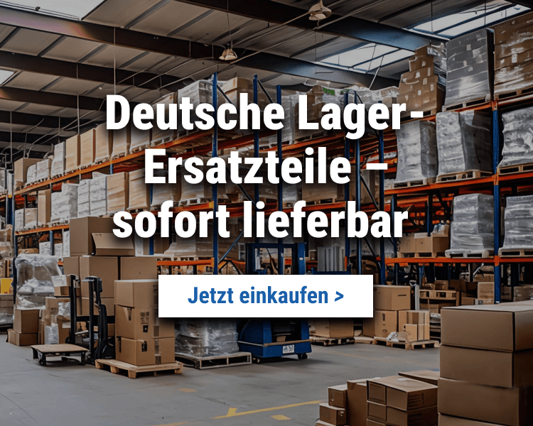 FridayParts Ersatzteile in Kartons auf Paletten in einem großen deutschen Lagerhaus.