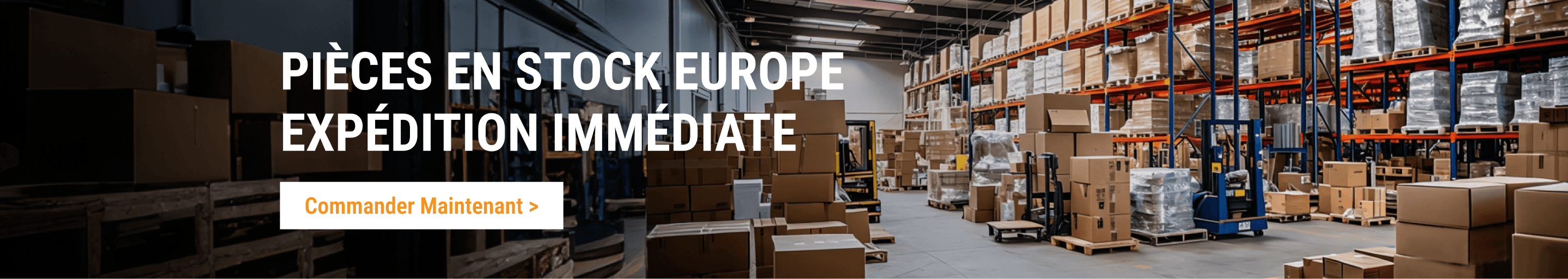 Pièces de rechange FridayParts en cartons sur palettes dans un entrepôt européen.