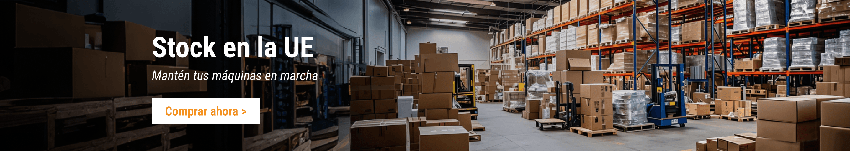 Repuestos FridayParts en cajas sobre paletas dentro de un gran almacén de la UE.