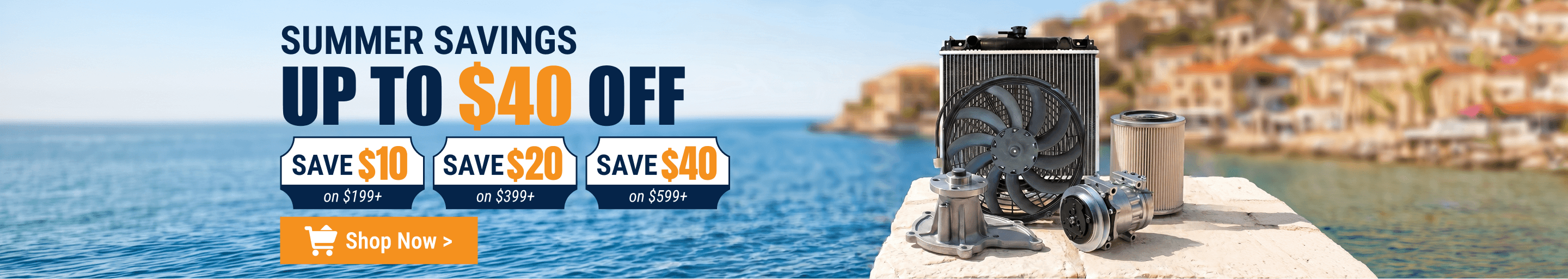 FridayParts machinery cooling parts and filters by the coast for a summer savings promotion.