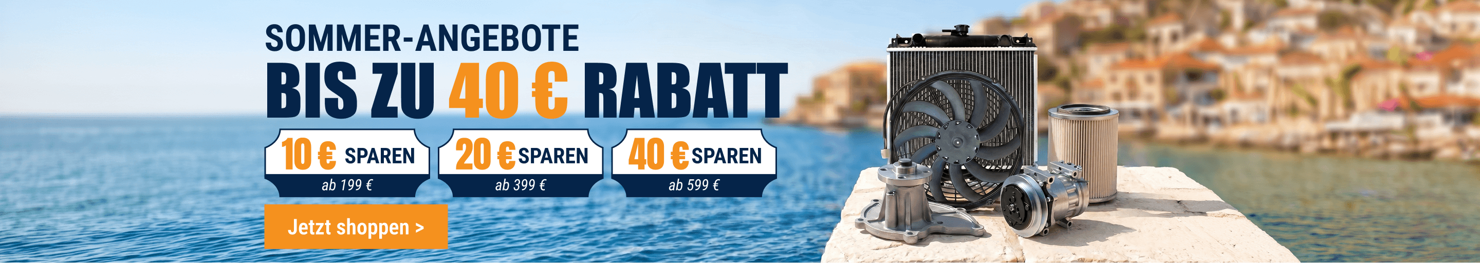 FridayParts Kühler und Ersatzteile vor einer Küstenkulisse für Sommer-Angebote.