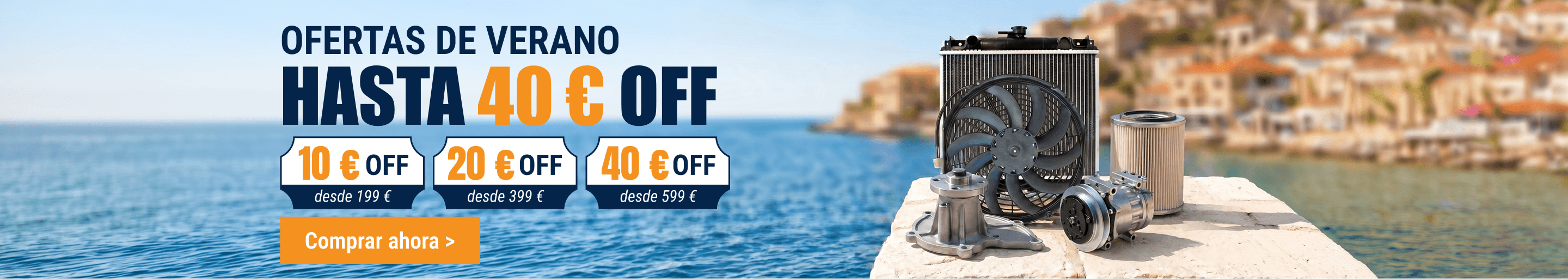 Radiador y repuestos FridayParts en un paisaje costero para ofertas de verano.