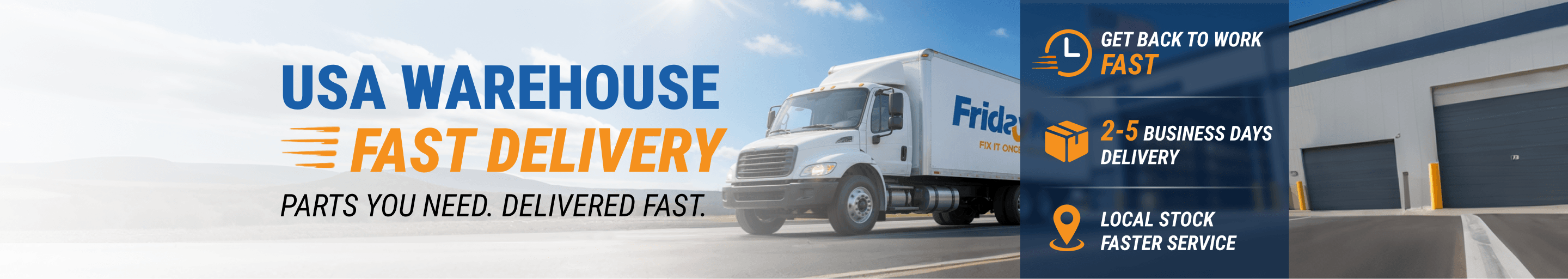 FridayParts delivery truck and USA warehouse highlighting fast local stock shipping.