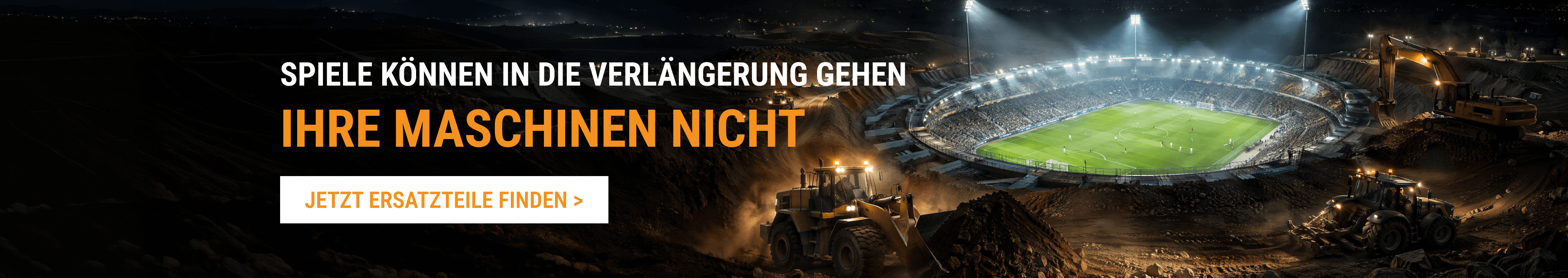 Schwere Maschinen bei Nachtarbeiten an einem Fußballstadion, zuverlässig mit FridayParts Ersatzteilen.