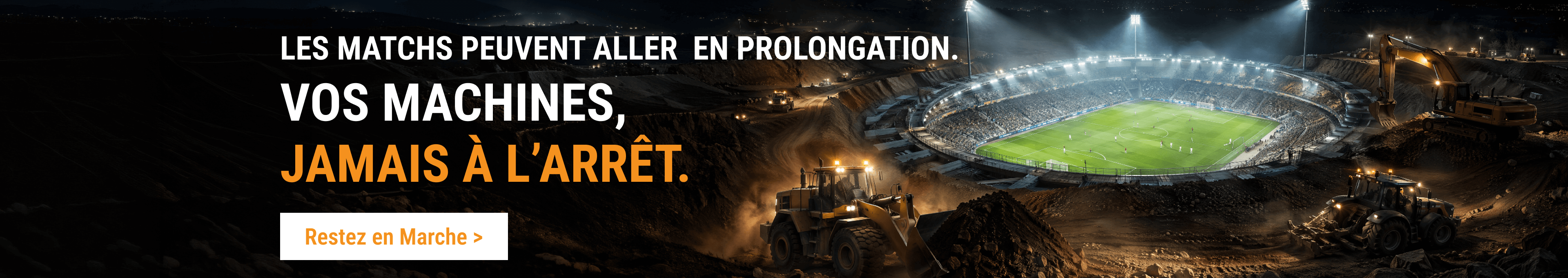 Engins de chantier travaillant de nuit autour d'un stade de football, garantis par les pièces FridayParts.