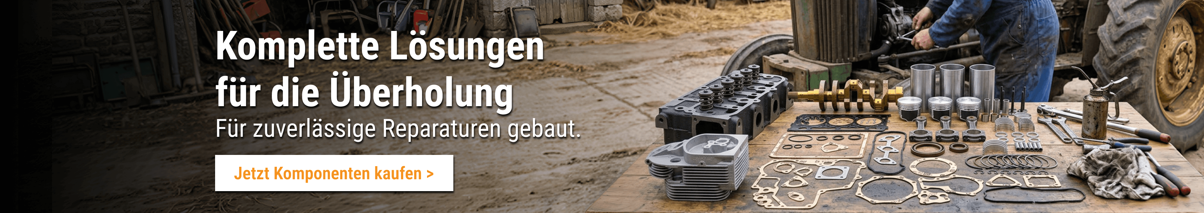 FridayParts Zylinderkomponenten und Motor-Überholungsteile vor einem Mechaniker und Traktor.