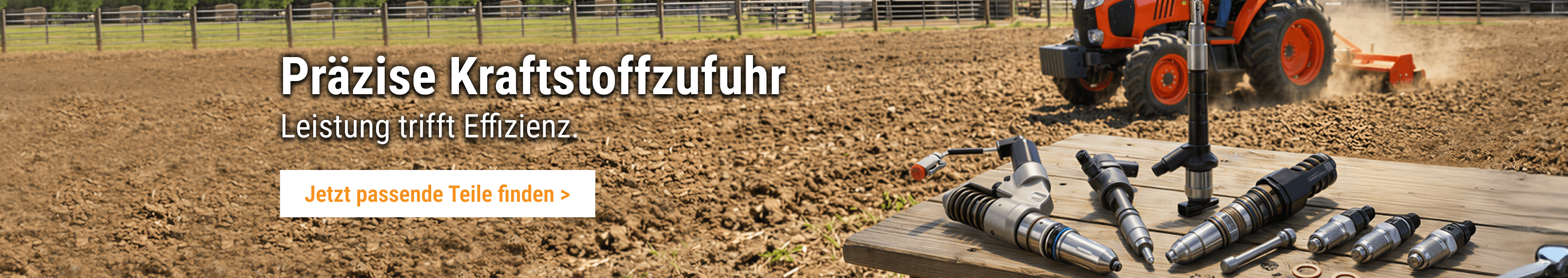 FridayParts Kraftstoffinjektoren auf einem Holztisch vor einem Traktor auf dem Feld.