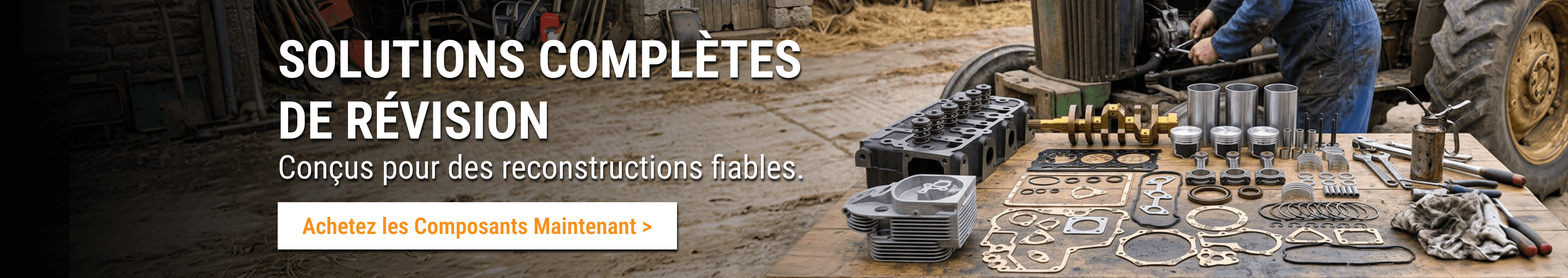 Pièces de révision moteur et composants de cylindre FridayParts devant un tracteur.