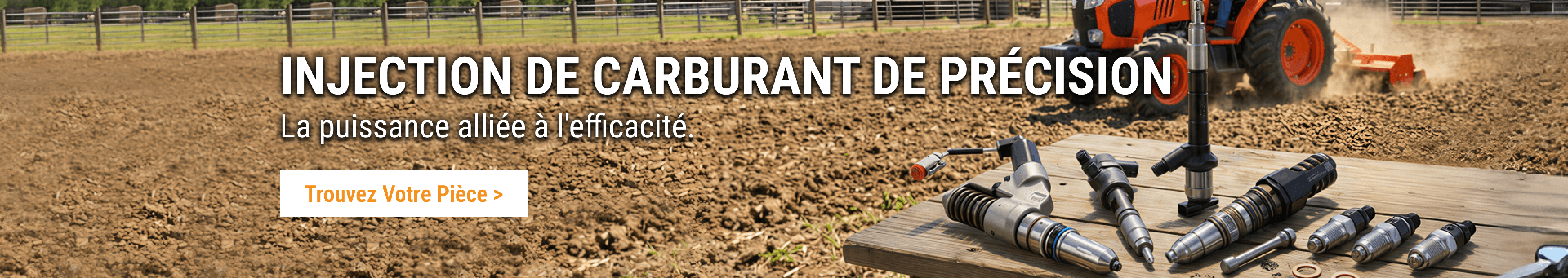 Injecteurs de carburant FridayParts sur une table en bois devant un tracteur dans un champ.