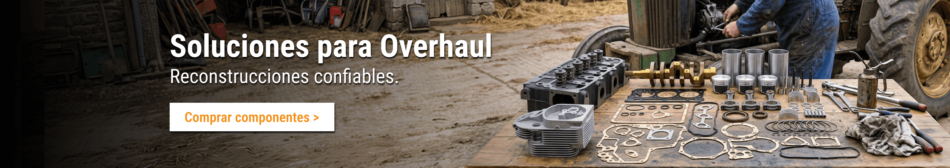 Repuestos de motor y componentes de cilindro FridayParts para overhaul frente a un tractor.