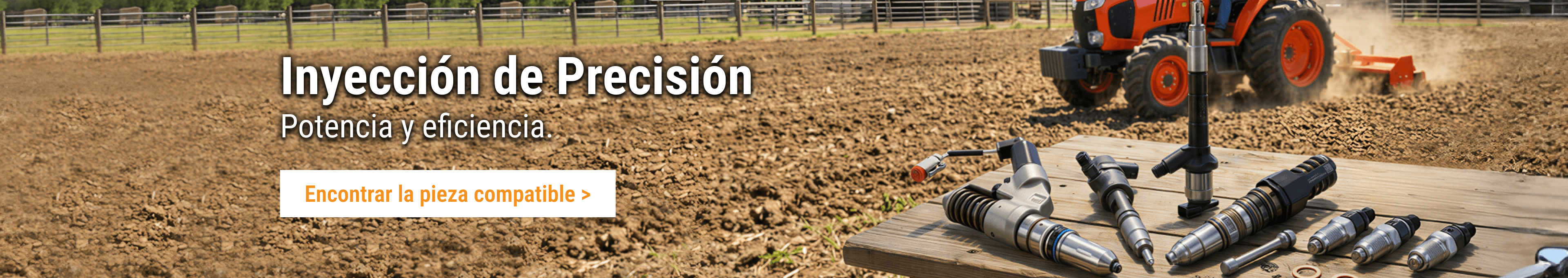 Inyectores de combustible FridayParts sobre una mesa de madera con un tractor en el campo.