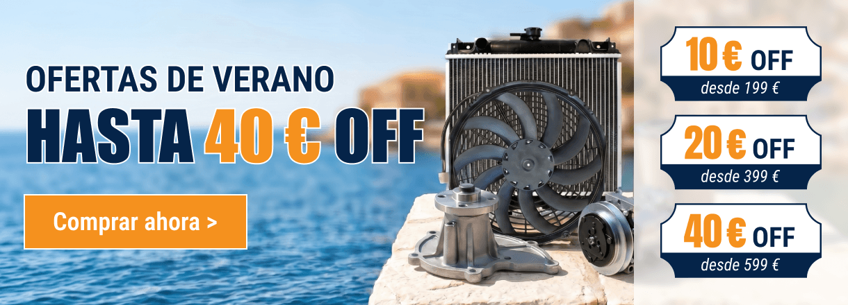 Radiador y repuestos FridayParts en un paisaje costero para ofertas de verano.