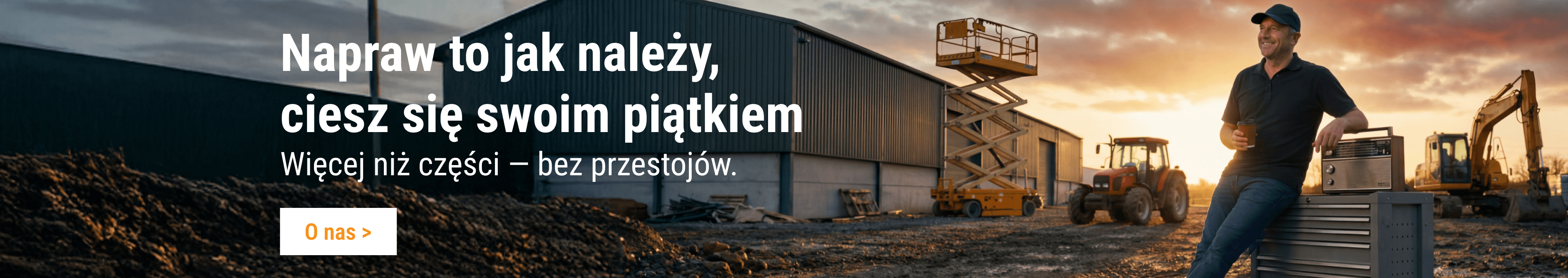 Zadowolony operator po pracy obok maszyn rolniczych, polegający na częściach FridayParts.
