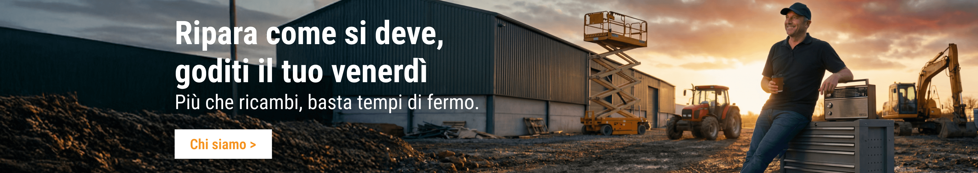 Operatore rilassato con un caffè accanto a macchinari, affidandosi ai ricambi FridayParts per evitare fermi.