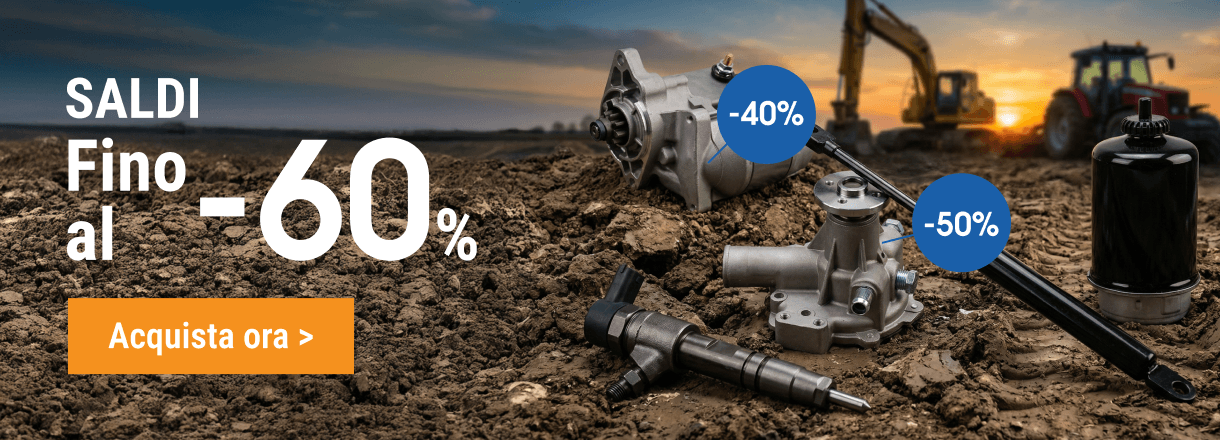 Saldi FridayParts: motorino, pompa e iniettore a terra con escavatori sullo sfondo per sconti fino al 60%.