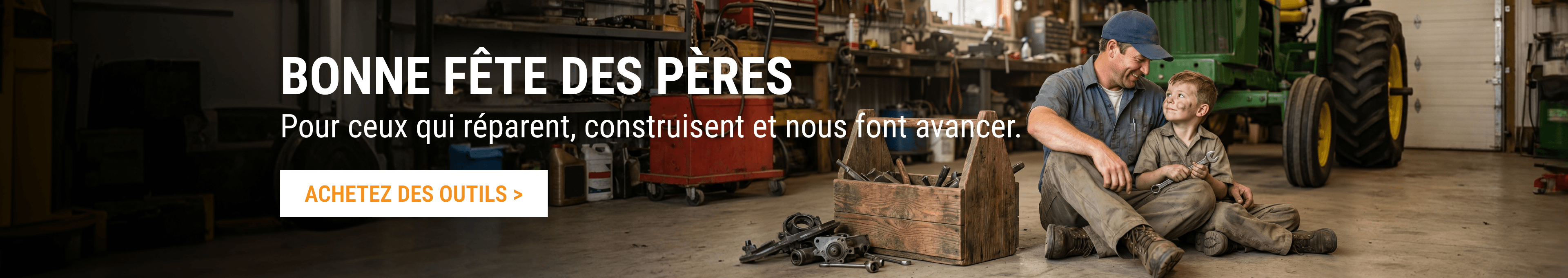 Fête des Pères FridayParts : père et fils dans un atelier avec outils et pièces de tracteur.