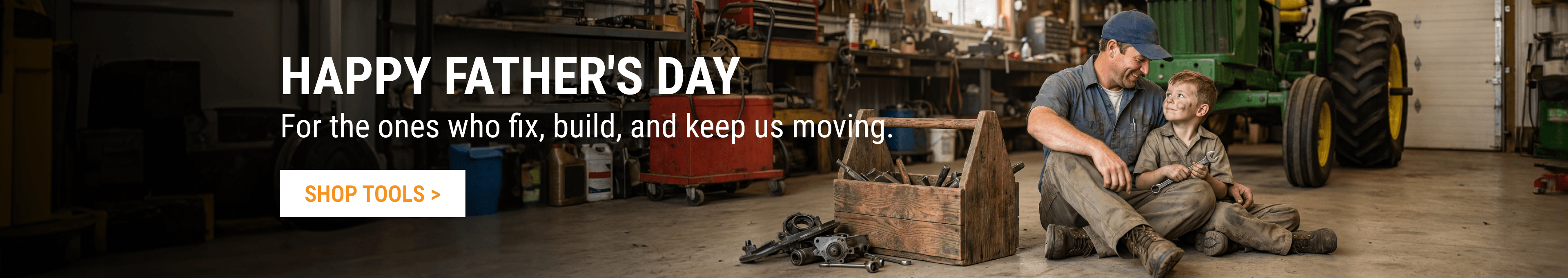 FridayParts Father's Day: father and son in a workshop with tools and heavy machinery parts.