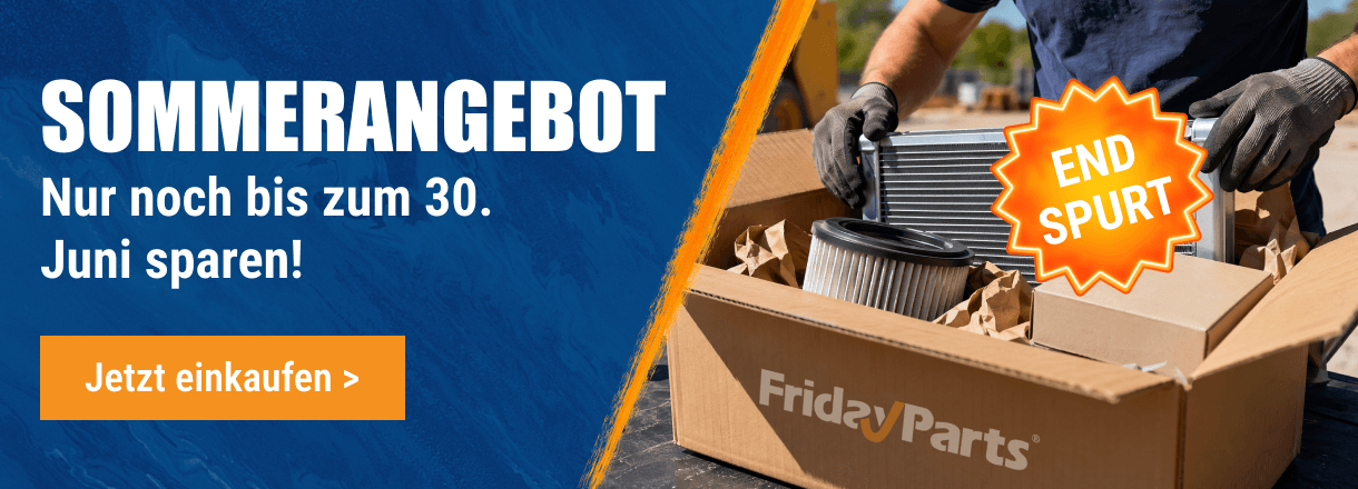 FridayParts Sommerangebot: Arbeiter packt Kühler und Filter in einen Karton auf der Baustelle.