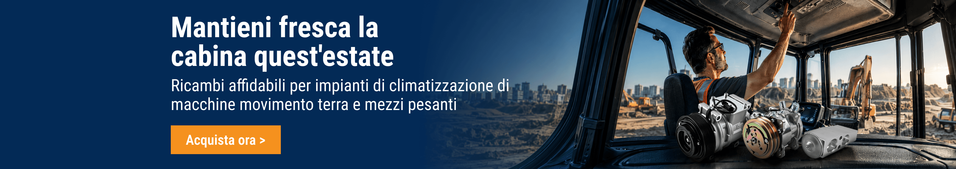 Operatore in cabina regola l'aria, con compressori e ricambi di climatizzazione FridayParts per il caldo estivo.