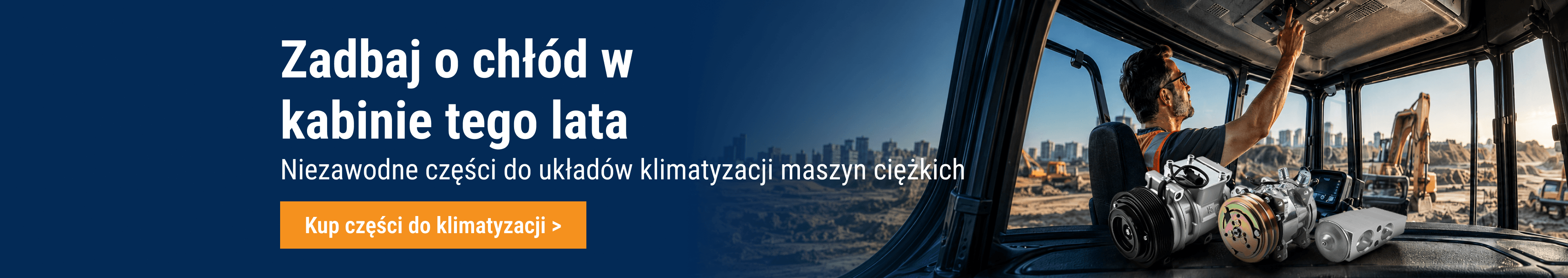 Operator w kabinie maszyny reguluje nawiew, z przodu sprężarki i części klimatyzacji FridayParts na lato.
