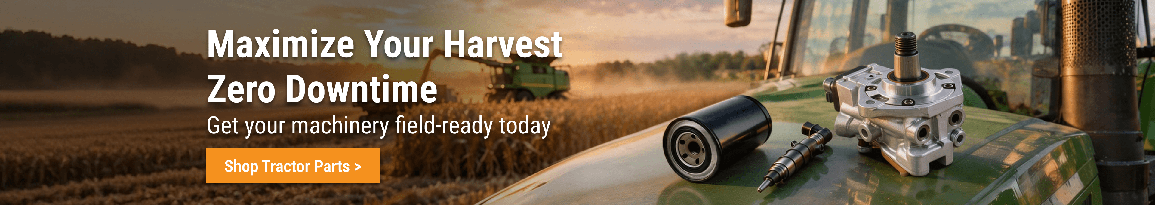 FridayParts tractor parts including a hydraulic pump, oil filter, and fuel injector on a tractor in a wheat field