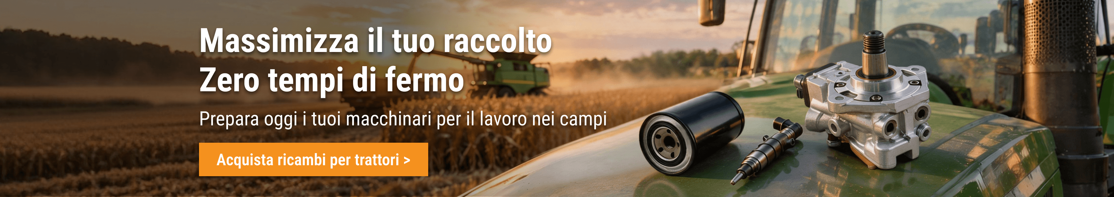 Ricambi per trattori FridayParts con pompa idraulica, filtro dell’olio e iniettore su una macchina agricola.